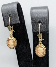VTG. 14K SOLID GOLD MOUNTED CARVED SHELL PORTRAIT CAMEO DANGLE EARRINGS, PIERCED