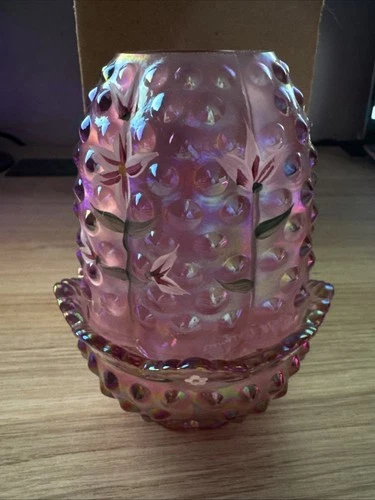Fenton Fairy Lamp Iridescent Hand Painted Pink Floral Signed by Artist