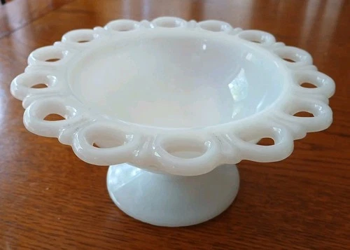 Vintage Anchor Hocking Milk Glass Lace Edge Compote Pedestal Bowl