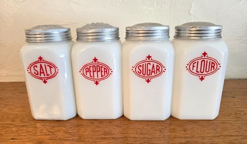 Vintage McKee Red Shields Salt Pepper Sugar Flour Shakers