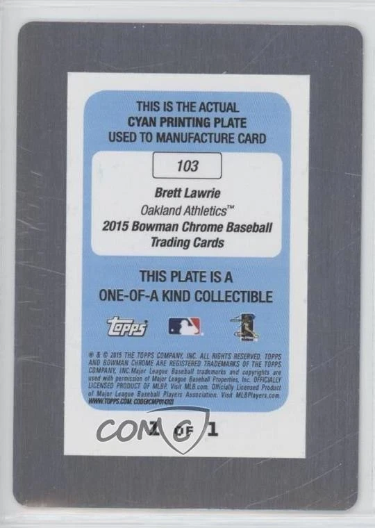 2015 Bowman 铬版青色 1/1 Brett Lawrie #103 13iq — 第 2/3 张图片