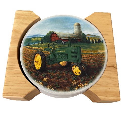 John Deere Tractor Ceramic Coasters Cork Backing Set Of 4 W/Wooden Tray Farm