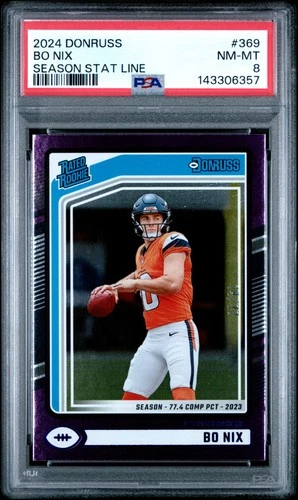 2024 PANINI DONRUSS SEASON STAT LINE #369 BO NIX ROOKIE RC 14/77 PSA 8