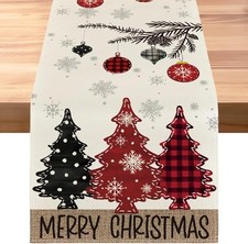 Red Pine Trees Merry Christmas Table Runner, Snowflake 12x72,