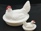 Vintage Big & Mini Westmoreland White Milk Glass Hen 2-Piece Covered Dishes