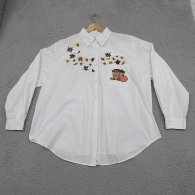 Karen Scott II Shirt Womens Large White Fall Pumpkin Leaf Embroidered Button