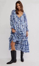 Free People Dainty Ruffle Cottage Garden Wonders Maxi Dress Blue Combo Medium