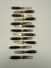 Vintage Thailand Brass & Teak Wood Handle Hors d’Oeuvres Picks Set of 13