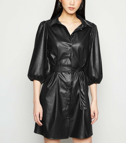 black leather look shirt dress