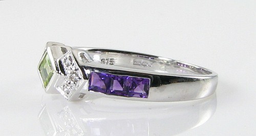 CUSTOM ORDER 9k WHITE GOLD PERIDOT AMETHYST DIAMOND ETERNITY RING Size M - Picture 4 of 5