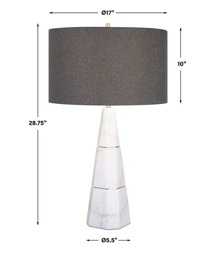 Luxe Tapered White Marble Pyramid Table Lamp 29 in Faceted Gray Veined Brass - Picture 3 of 10