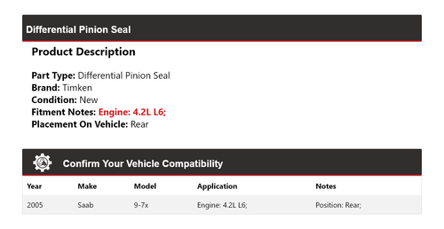 For 2005 Saab 9-7x 4.2L L6 Differential Pinion Seal Rear Timken - Picture 2 of 6