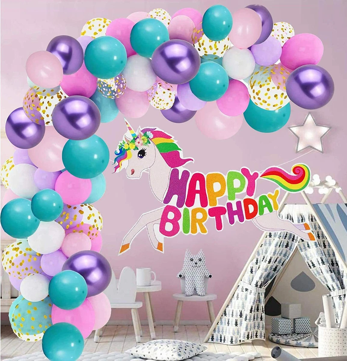 Unicorn Party Supplies Kit Foil Unicorn Balloons Happy Birthday Banner  Heart Star Birthday Balloons for Unicorn Theme Birthday Decorations Backdrop