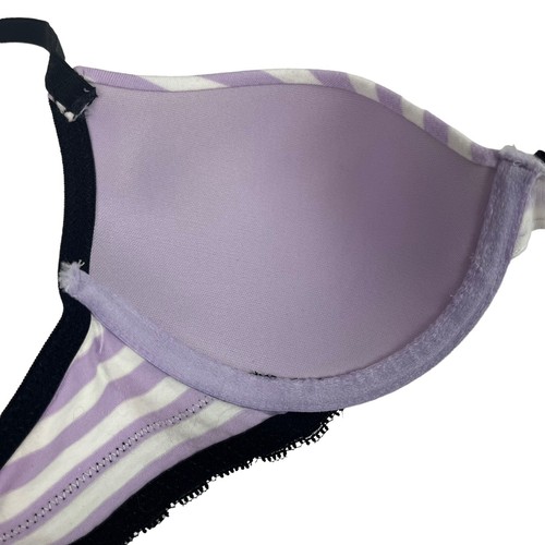 So Intimates Demi Underwire Jersey Bra Purple Stripe Bow Black Lace 34B - Picture 7 of 12