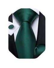 Mens Solid Color Tie and Pocket Square Set Woven Silk Plain 06 Emerald Green