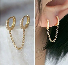1 Pc Dual Double  Hoop Huggie Rhinestone Crystal with Chain  Dangle Earrings 
