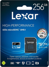 High-Performance 633X 256GB Microsdxc UHS-I Card with SD Adapter, C10, U3, V30,
