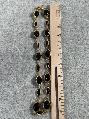Vintage Statement Necklace Fashion Jewelry Beaded Black Gold Tone T-Bar Toggle - Picture 7 of 12