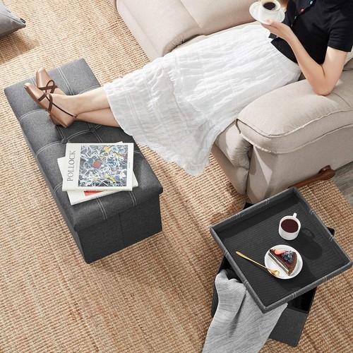 Folding Ottoman Grey Linen Fabric Storage Bench 15x30 Inches Footrest - Picture 9 of 11