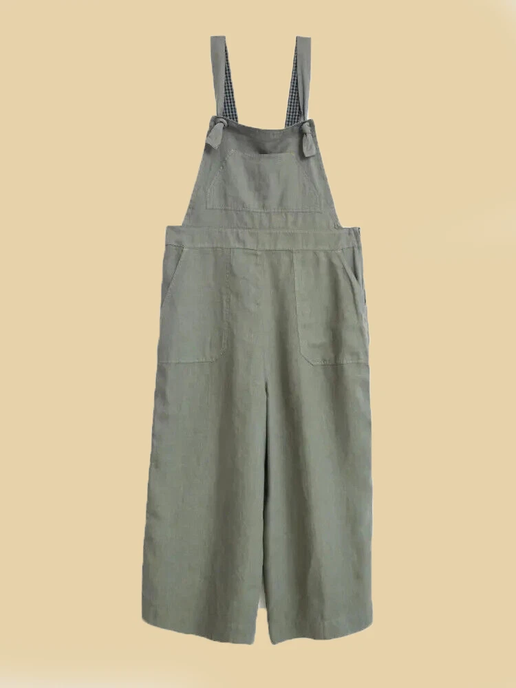 Ex White Stuff Women's Sleeveless Wide Leg Linen Dungaree in Khaki Green