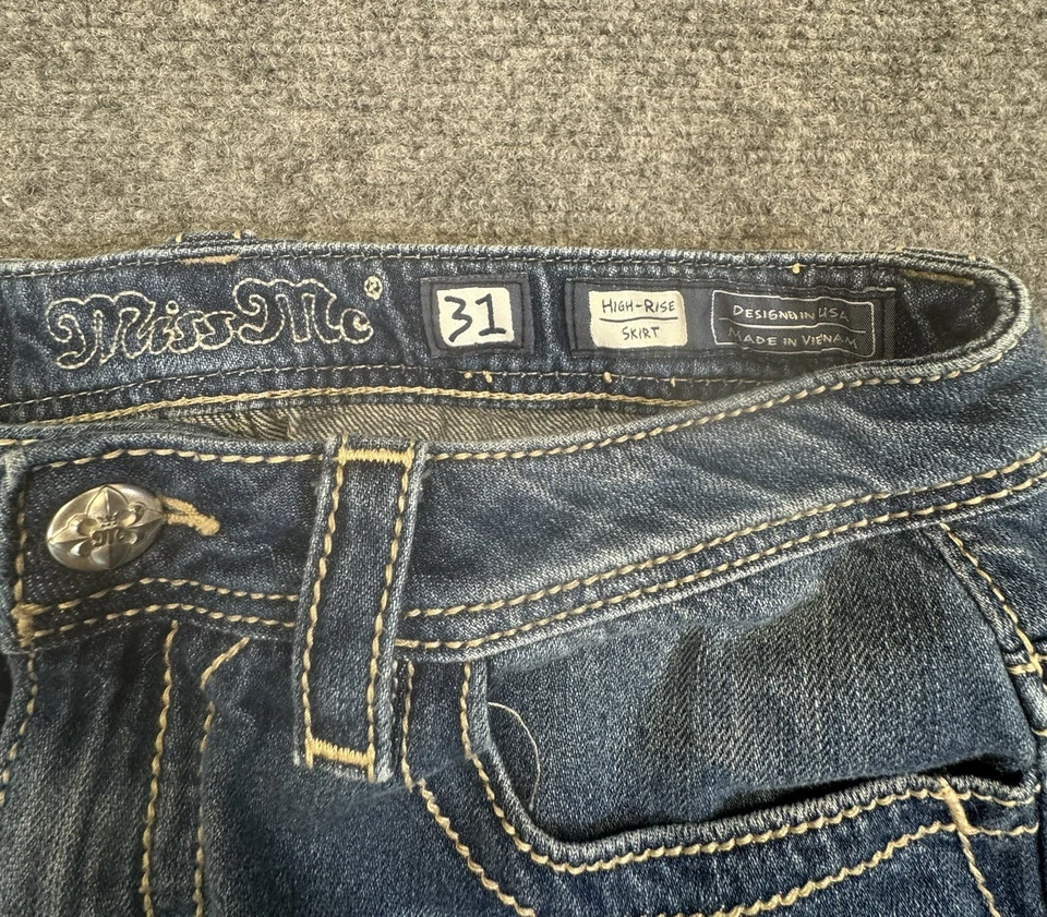 Falda corta recta Miss Me para mujer 31 azul denim tiro alto tapiz azteca Foto 4 de 4