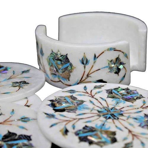Marble White Coaster Set Handmade Dining Décor New Year Eve Gift Pauashell Stone - Picture 4 of 5