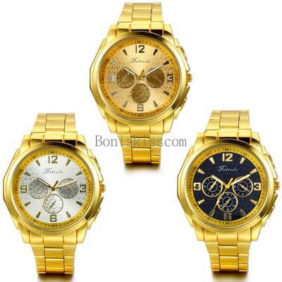 Fashion Business Mens Luxury Gold Tone Quartz Stainless Steel Wrist Watch New