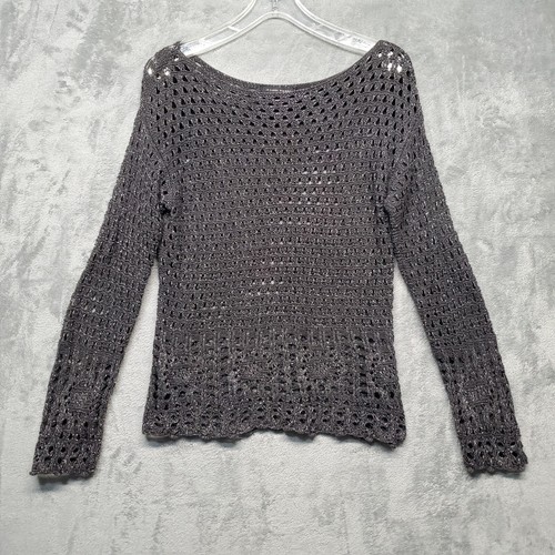 Jeanne Pierre Sweater Womens Medium Gray Long Sleeve Open Knit Floral Metallic - Picture 13 of 13