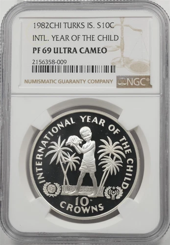 Turks & Caicos Islands 1982-CHI 10 Crown Proof NGC PF69 UC Year Of Child NG2092