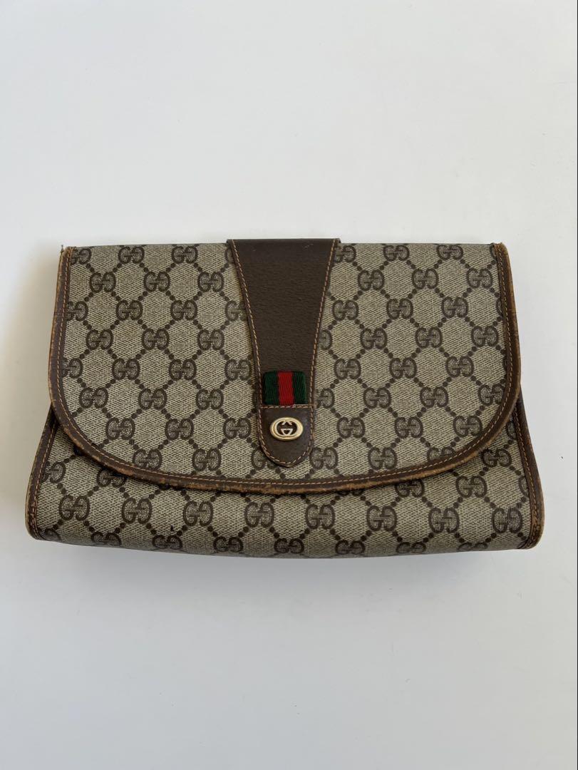 GUCCI Sherry Line Clutch Bag in Brown GG PVC Leather with Blow Powder Detail P4037OS702