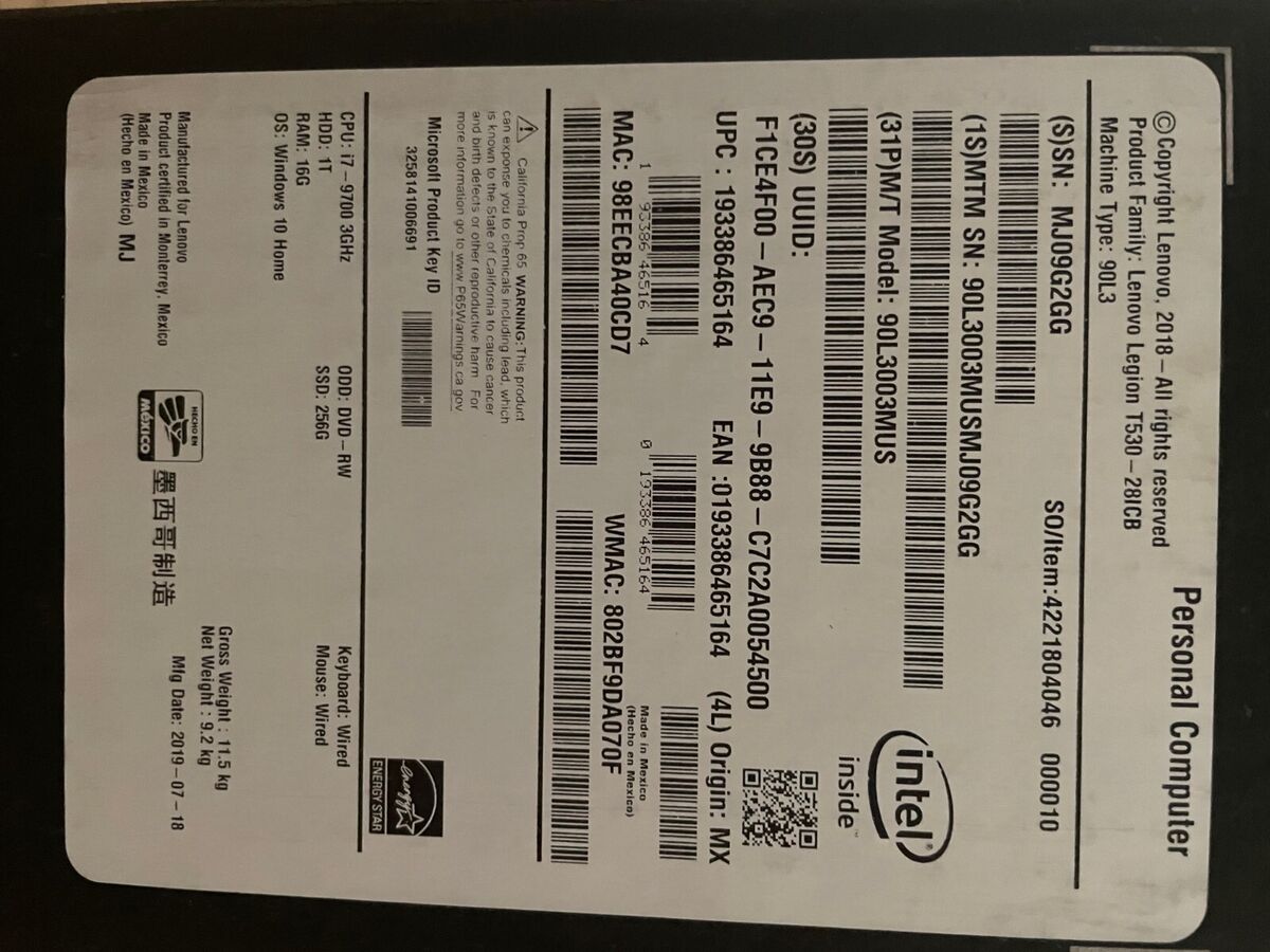 Lenovo Legion Gaming T530-28ICB Intel Core I7-9700 4.7GHz Lenovo Legion Gaming T530-28ICB Intel Core I7-9700 4.7GHz