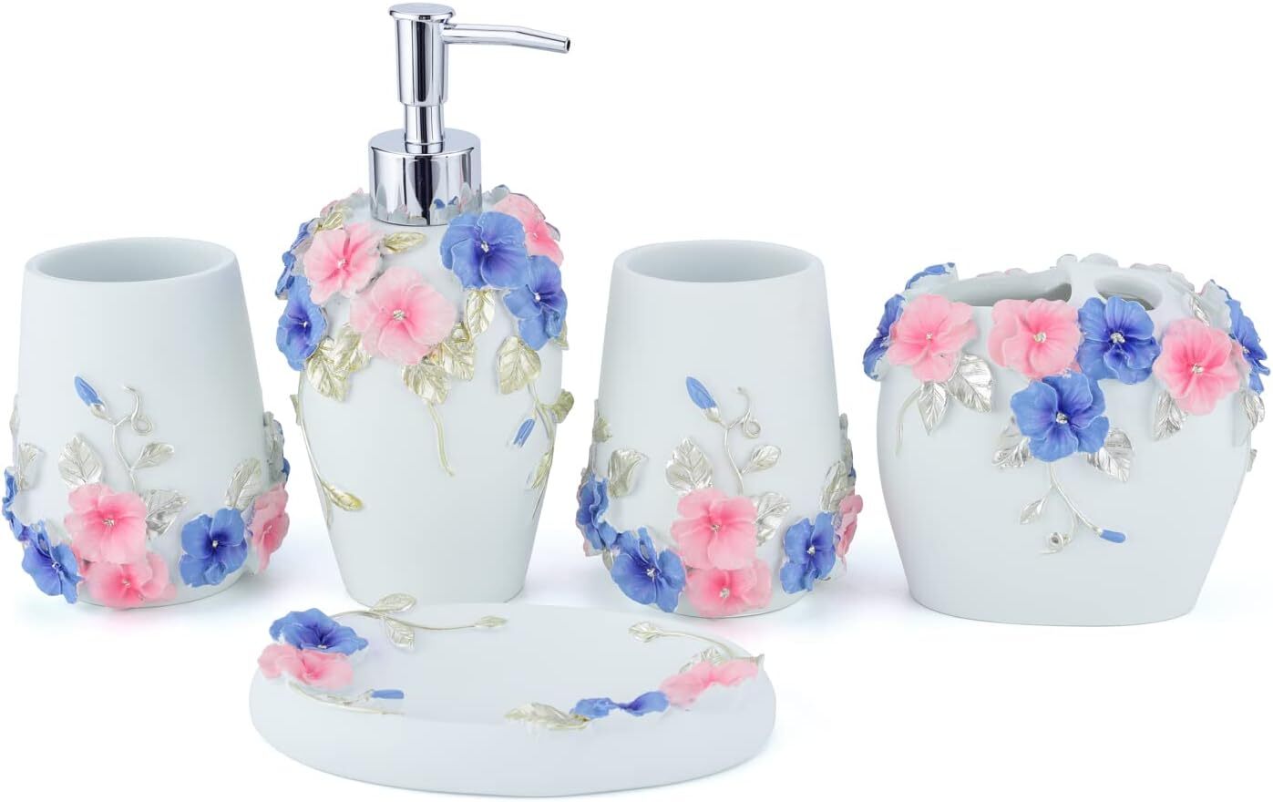 Flower Bathroom Accessories Set Floral Light Green, 5-Piece Resin Green