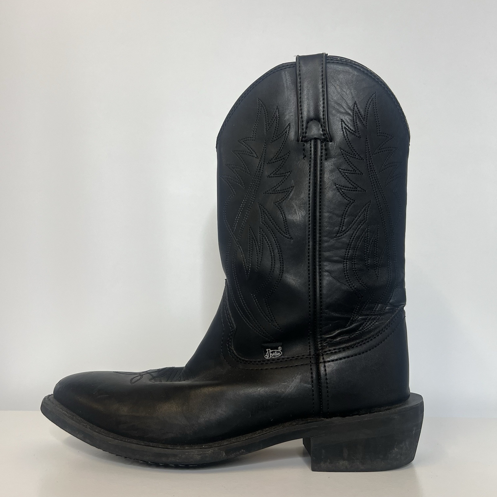 Justin Black Leather Western Cowboy Boots JB1104 Pull On  display picture 1