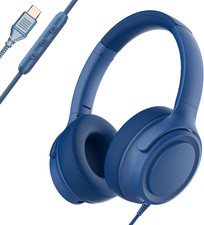 USB C Wired Over-Ear Headphones with Mic, Blue, No Bag