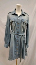 Tory Burch Shirt Dress Brigette Chambray Denim Gold Button Epaulet Sash Belt 10