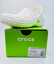 Crocs Classic Floral Cut Out Unisex Kids Clog White J2 210943-100