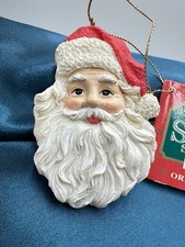 Santa Face Ornament Vintage Flat Backed Paper Mache Resin With Original Tag