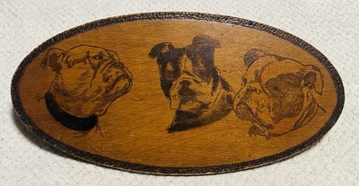 1900s Antique Pyrography Bulldogs Wood Plaque Signed  Dated 1910 (19 x 9.5 )