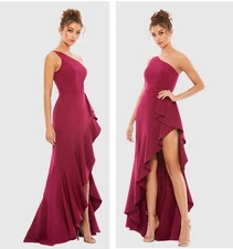 New Mac Duggal Size 6 Berry 49089 One Shoulder Side Slit Ruffle Gown Dress $358