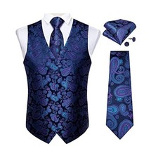 Mens Vest and Tie Set Formal Paisley Waistcoat and 3X-Large Purple and Blue