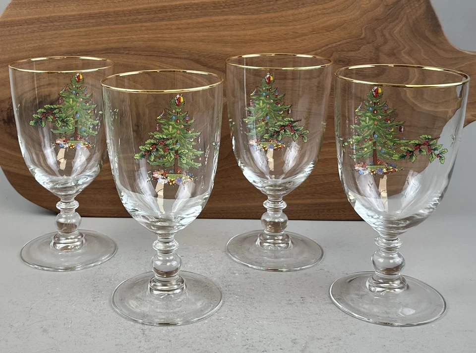 Spode Christmas Tree Goblet Water Iced Tea Glass Pedestal with Box USA Set of 4 - Image 3 of 4