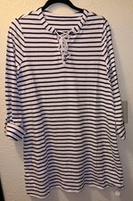 Lands End Womens Small Long Sleeve Blue Striped Cotton Swimsuit Coverup Dress