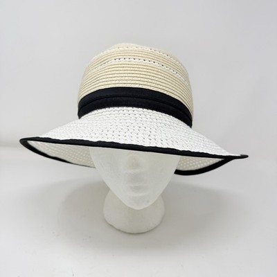 SEEBERGER LINEN WHITE NATURAL STRAW SUMMER HAT 21.5  6 7/8 Small