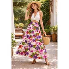 Vintage 60s 70s Colorful Floral Watercolor Maxi Skirt Handmade 27" Waist