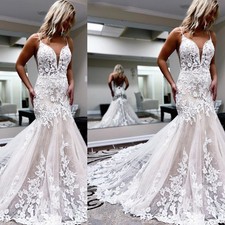 Mermaid Wedding Dress Spaghetti V Neck Lace Appilques Sweep Train Bridal Gowns