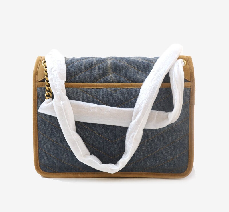 Borsa a tracolla Saint Laurent Niki media denim scamosciato bordo catena 7537802415