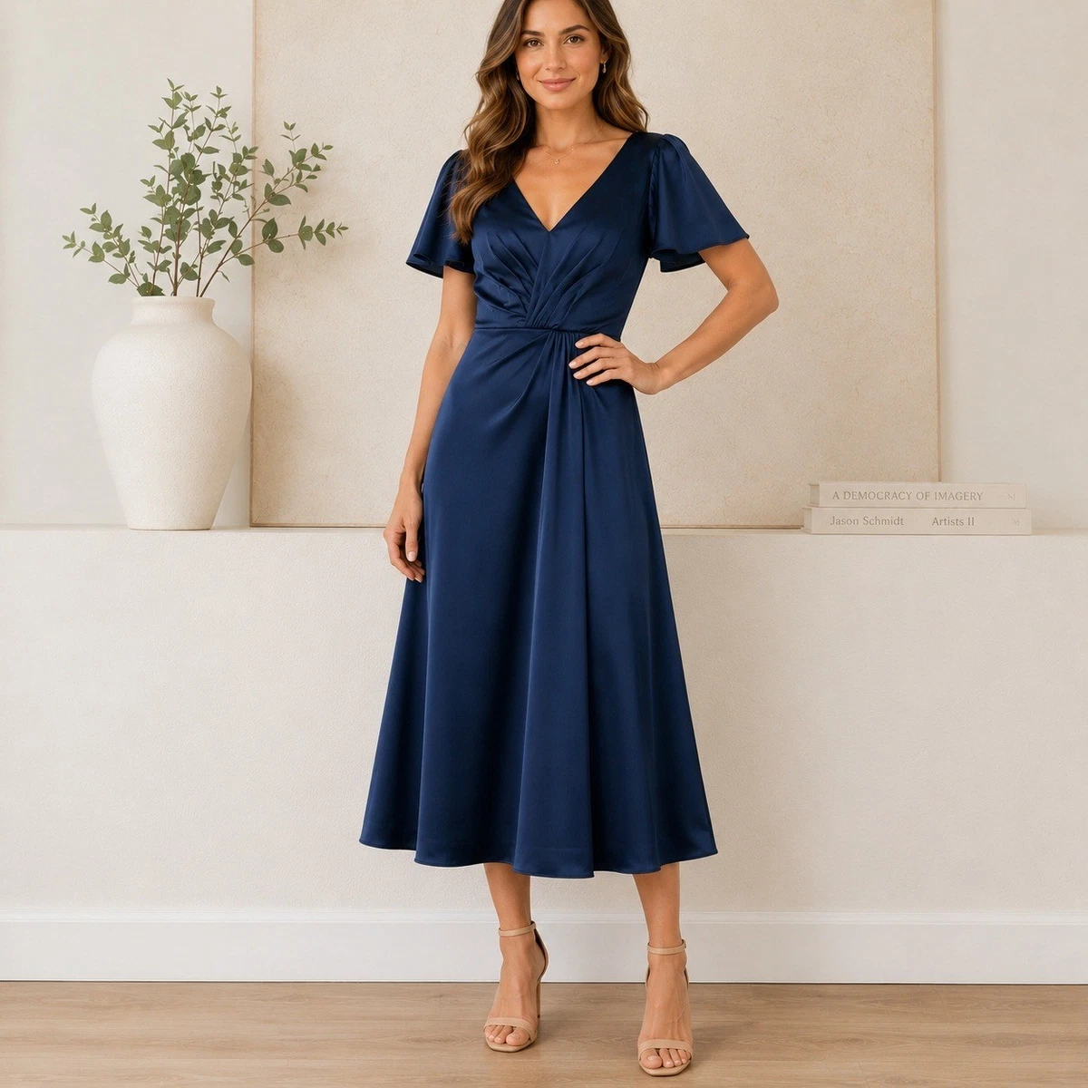 Satin Short Sleeve Blue Bridesmaid Dresses for sale