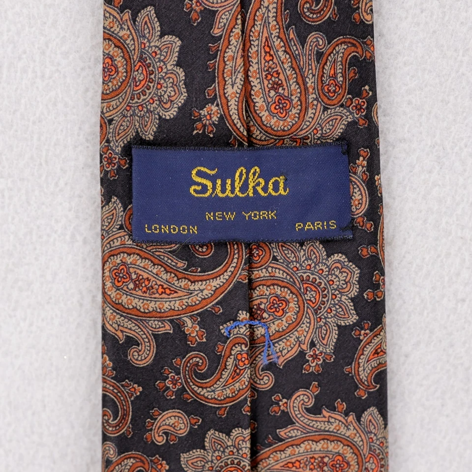 Sulka All Silk Neck Tie Black w/Orange/Tan Paisley Pattern Hand Made Satin Short - Image 4 of 4