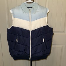 NWT Vintage LG Puffer Vest Jacket Coat Down Filled Blue White Route 66 B
