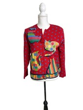 Vtg Susan Bristol Cardigan Women?s Medium Patchwork Cat Fish Colorful Zip Tassel